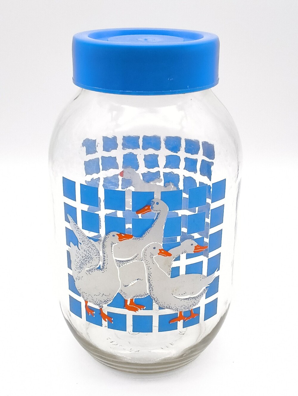 3L - 1982 Carlton Glass Country Geese / Blue Checkered Grid Canister Jar